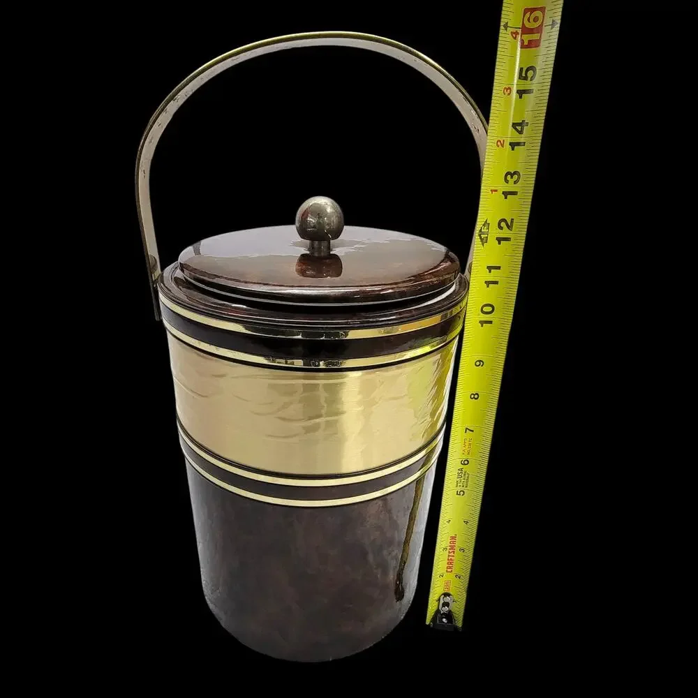 Vintage Mid Century Ice Bucket Brass Handle Faux Tortoiseshell Barware